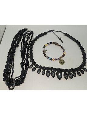 Black Gothic Jewelry Lot 3pc Layered Necklace Choker Beaded Bracelet